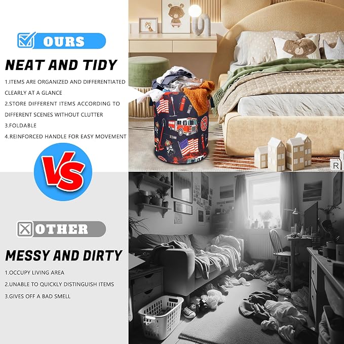 Fire Truck Fireman Laundry Basket Firefighters Oxford Cloth Laundry Hamper With Handle Foldable Portable Clothes Storage Basket 18.9 X 16.5 In Storage Bag For Laundry Room/Bathroom/Bedroom/Dormitories
