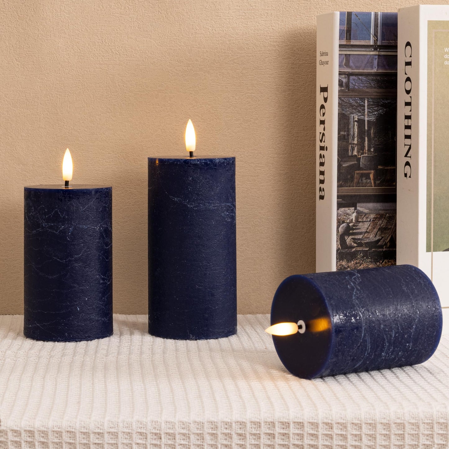 AFINETH Navy Blue Flameless Candles, Real Wax Battery Operated Candles with Remote, Flat Top Flickering LED Pillar Candles for Home Party Wedding Holiday Decor, Set of 3 (H 4" 5" 6" x D3)