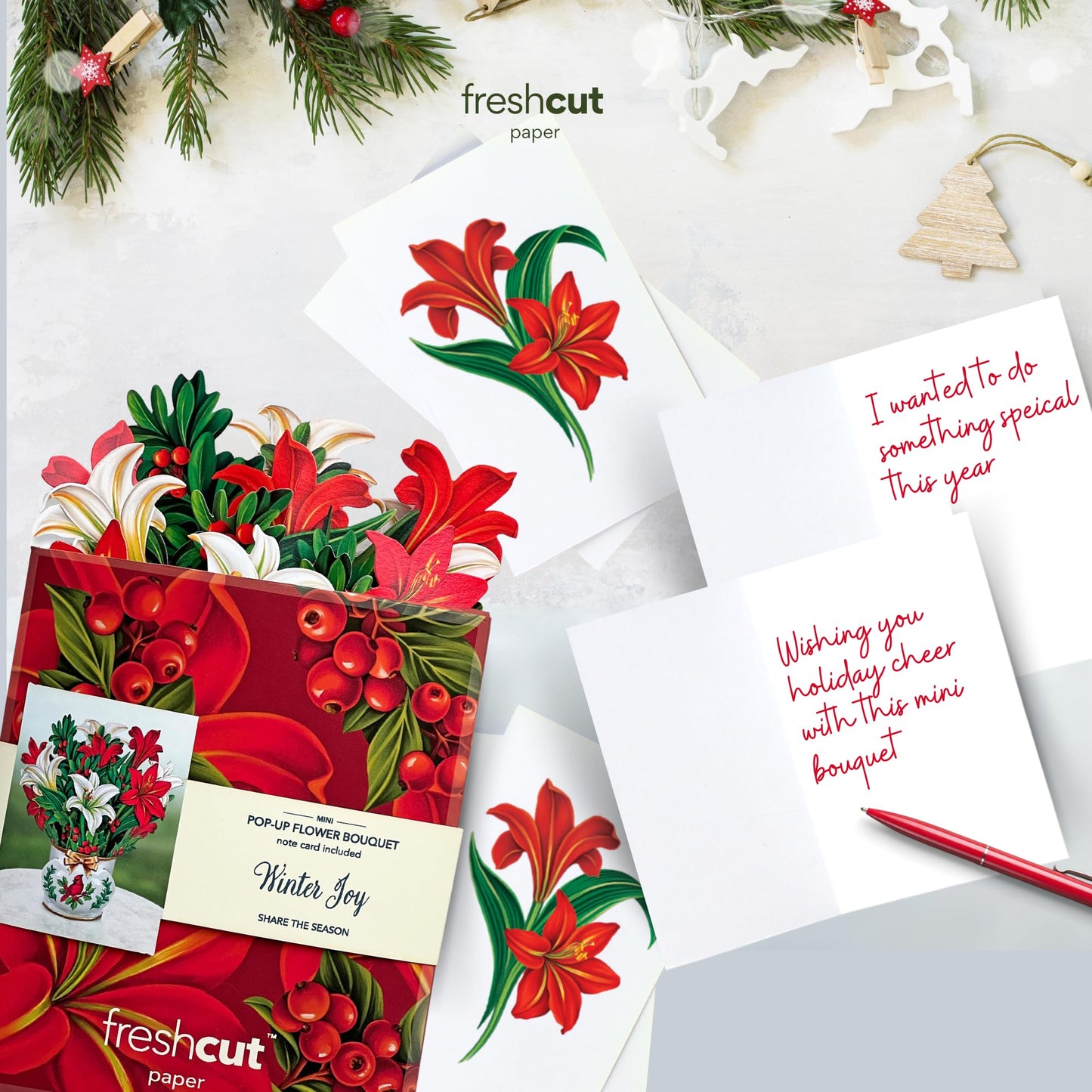 Freshcut Paper Pop Up Cards, Mini Winter Joy, 6 inch Mini Sized Paper Flower Bouquet 3D Popup Greeting Cards, Christmas Card, Holiday Card, Blank Notecards & Envelopes, Pack of 5