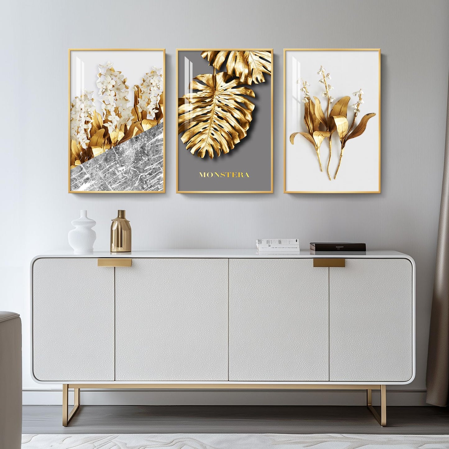 Framed Modern Luxury Large Gold Wall Art for Living Room, Set of 3 Piece Contemporary Paintings Artwork for Walls, Golden Leaf Prints with Gold Frame, Pictures for Office Wall Decor - Total 30" x 60"