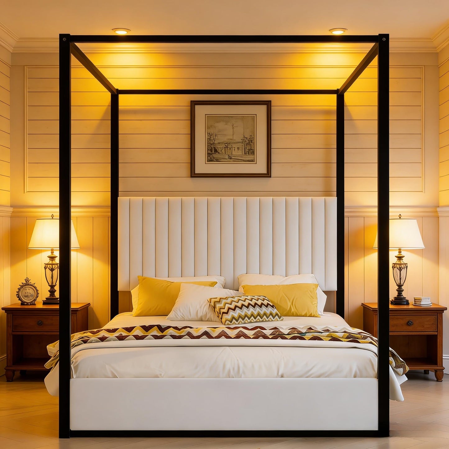 LUMISOL Queen Size Metal Canopy Bed Frame, Black 4 Poster Bed with Tall Upholstered Headboard, Upholstered Low Profile Canopy Platform Bed with Slats Support, No Box Spring Needed, Black + White