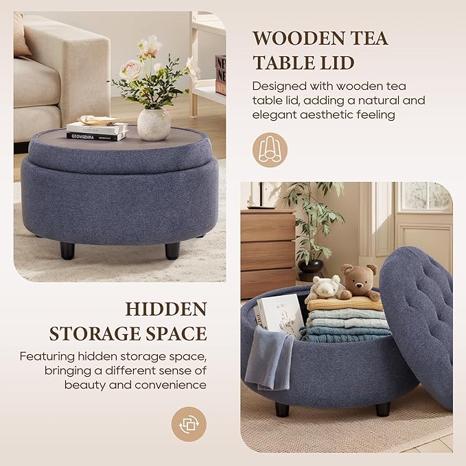 COLAMY Fabric Round Storage Ottoman with Reversible Tray Lid – Multi-Functional Footrest, Hidden Storage, Sturdy & Stylish Small Coffee Table for Living Room, Bedroom, or Entryway(Blue)