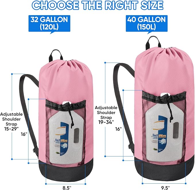BALEINE 120L Laundry Bag Backpack, 900D Oxford Fabric Large Travel Laundry Bags with Shoulder Straps and 2 Mesh Pockets for College Dorm, Apartment, Laundromat (Pink, 120L)
