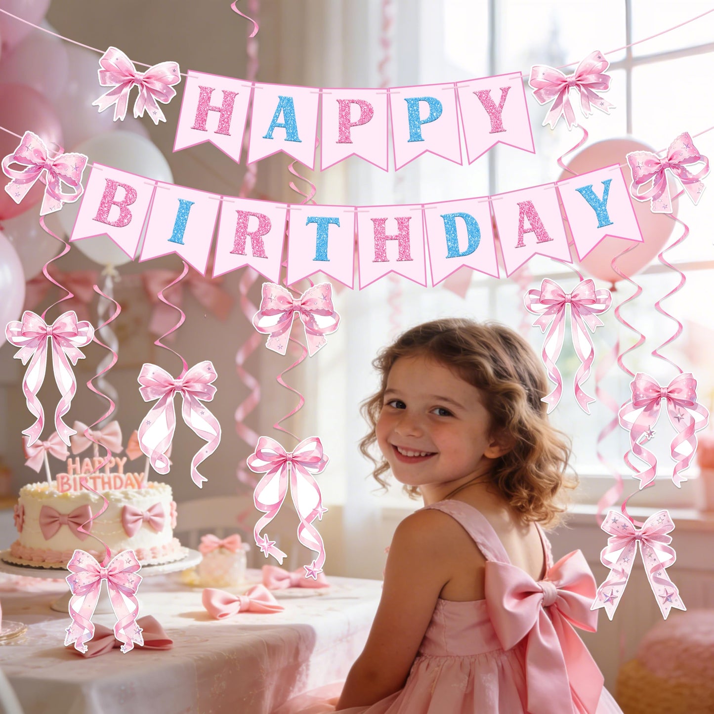 Pre-strung Pink Bow Happy Birthday Decorations - Happy Birthday Banner and Pink Bow Hanging Swirls Kit Decor for Girls Women Room Bachelorette Party