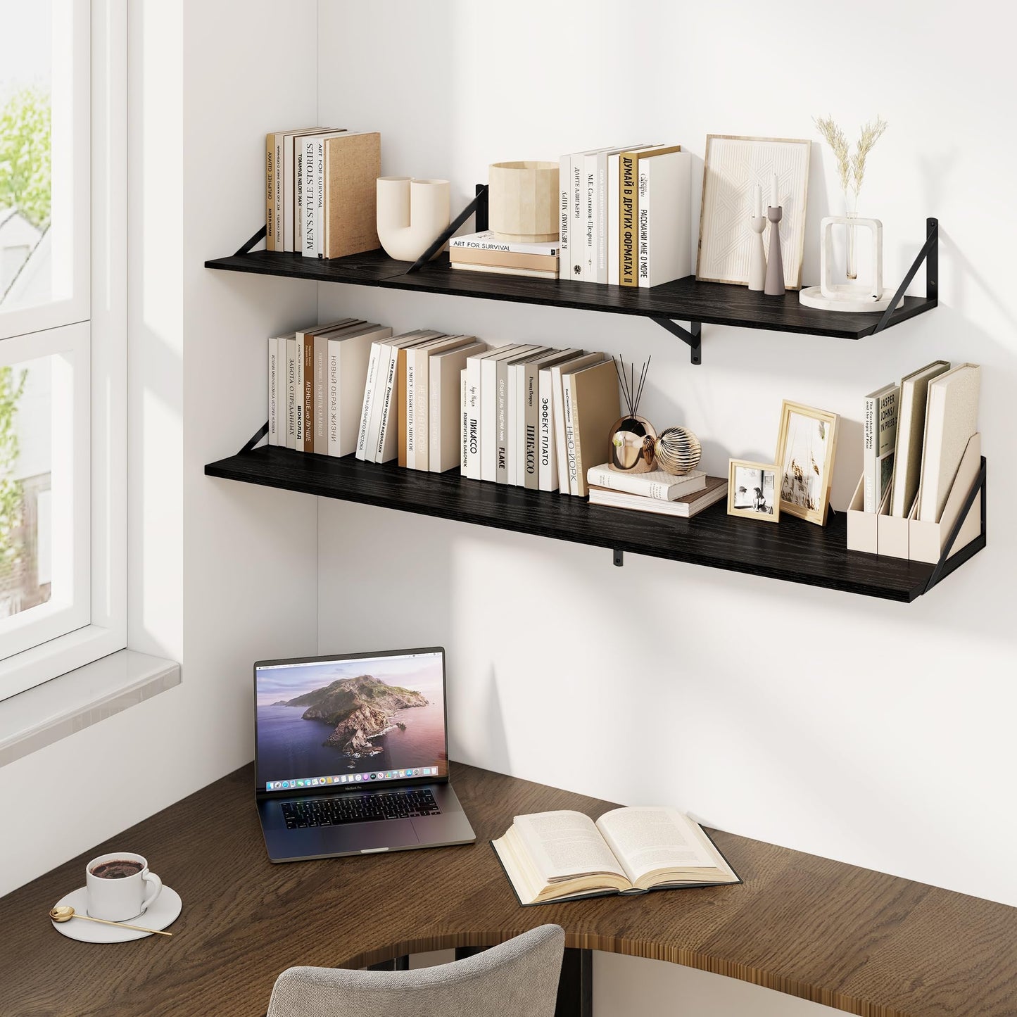 Fun Memories Floating Shelves for Wall, 12 Inch Deep Floating Shelves Set of 2, 16W x 12D Large Wall Shelf with Sturdy Metal Brackets for Living Room, Bathroom, Bedroom and Kitchen, Black