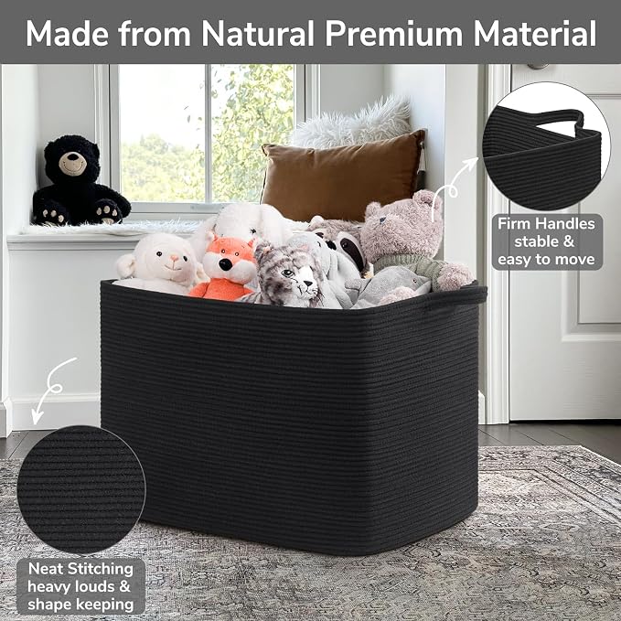 Goodpick Large Woven Storage Basket, 105L Extra Large Blanket Basket for Living Room, Bedroom, Rectangle Cotton Rope Organizer for Toy Storage, 25”x16”x16”, Black