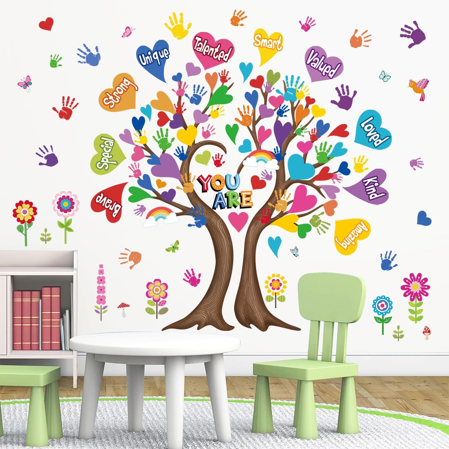 wondever Large Hearts Tree Handprint Wall Stickers Classroom Tree Inspirational Quotes You are Strong Peel and Stick Wall Art Decals for Kids Room Elementary School Teacher Classroom