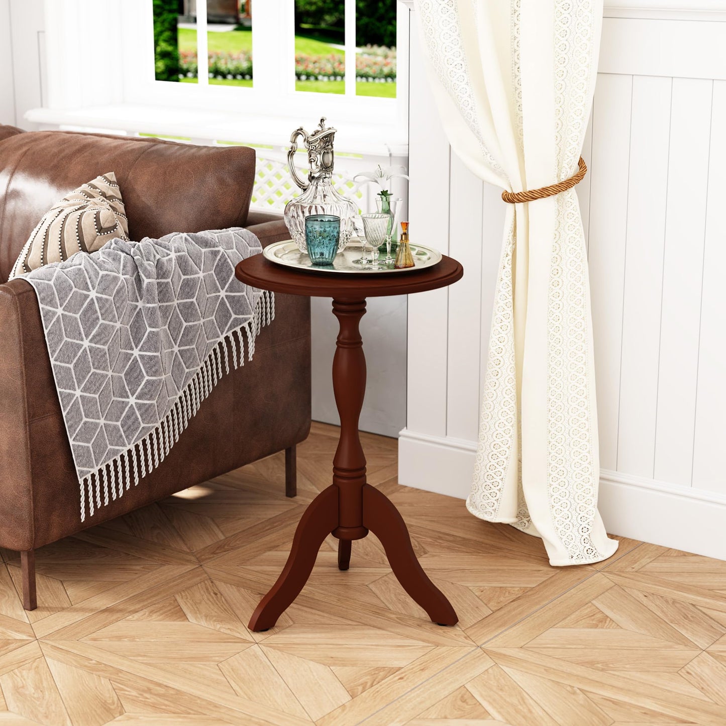 HLR Round Small End Table, Wooden Pedestal Side Coffee Tables, Vintage Accent Nightstand for Living Room, Bedroom, Entryway (1, Dark Brown)