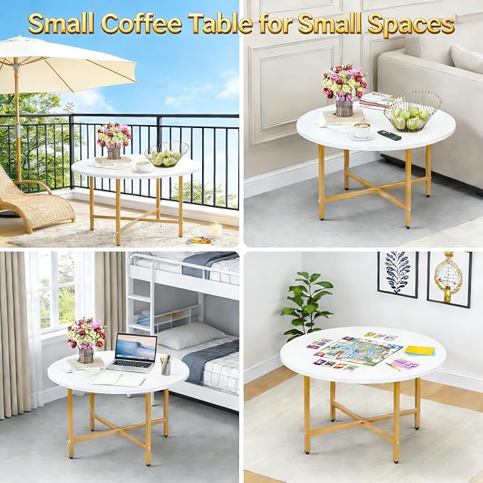 FAMIDGE Coffee Table, 23.6" Coffee Tables for Living Room, Round Coffee Table with Metal Frame, Floor Table for Sitting on The Floor, Home, Office, White & Gold Legs