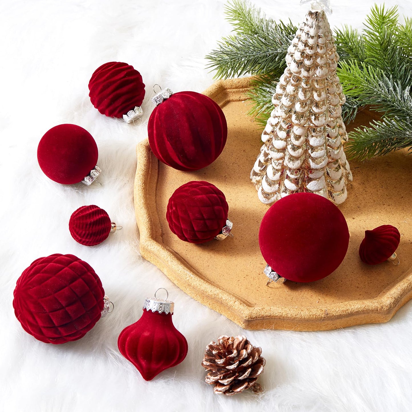 Wironlst Velvet Ornaments for Christmas Tree, 4 Style Flocked Matte Velvet Christmas Ball Ornaments, Shatterproof Decor for Xmas Tree Wedding Holiday Party Home (2.36" 25pcs Burgundy)