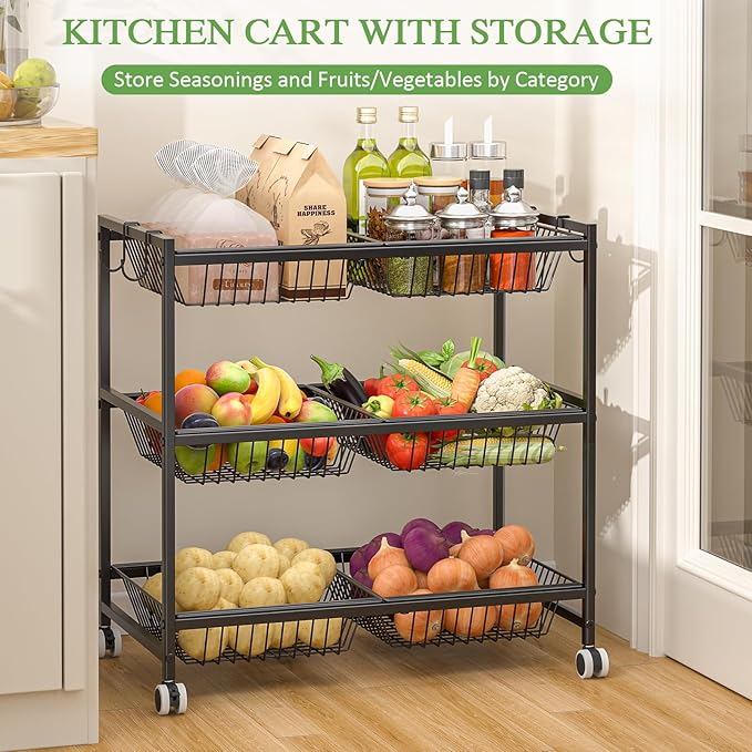 3-Tier Rolling Pantry Floor Organizer Cart with 6 Detachable Baskets, Metal Wire Fruit Basket Stand with Wheels, Kitchen Storage Cart for Fruit Vegetables, Snack Cart for Pantry Kitchen Living Room