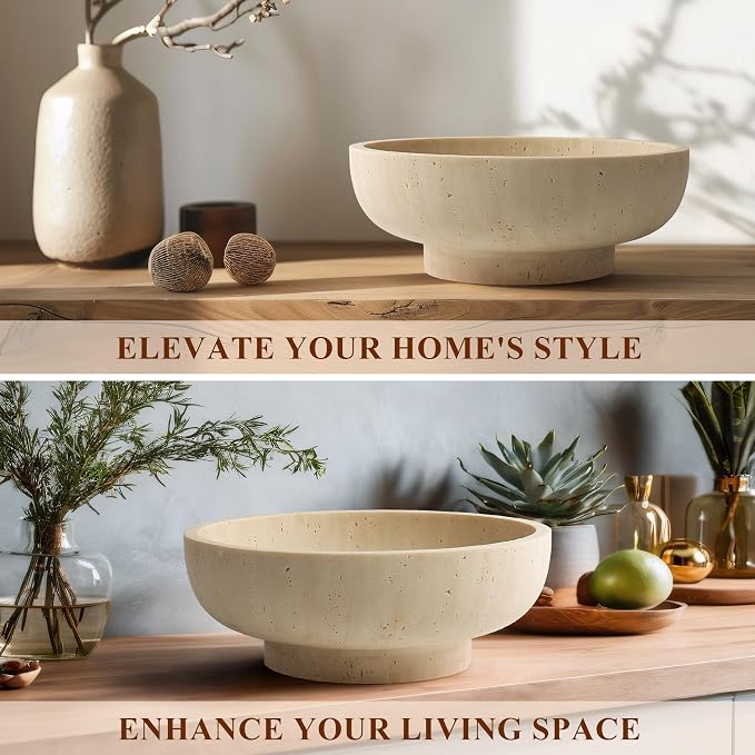 YMXYJM Large Decorative Bowl, Fruit Bowl for Kitchen Counter, Modern Resin Bowl for Home Decor, Key Holder for Entry Table, Artificial Travertine Beige