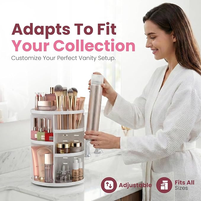 Masirs 360 Rotating Makeup Organizer for Vanity, Adjustable Shelf Height, Large Capacity Cosmetic and Skincare Storage, Lazy Susan Perfume Organizer for Dresser, Bathroom Countertop, White