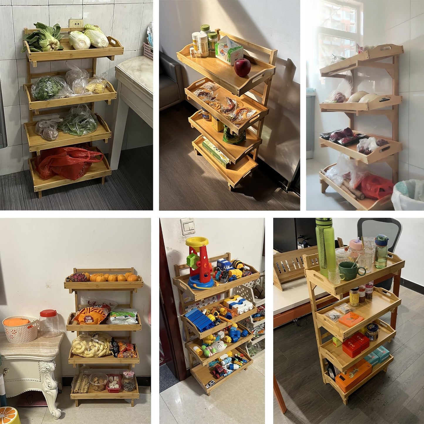 4-Tier Wooden Retail Rack Display Stand, Free Standing Vegetable & Fruit Storage Basket with Guardrail, Detachable Supermarket Snack Shelf for Home, Kitchen & Pantry (26in W)
