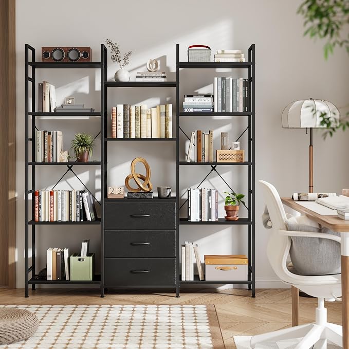 AFLUI Triple Bookshelf with 3 Fabric Drawers, 5-Tier Book Shelf and 10 Display Shelves, Industrial Large Bookcase for Home & Office, Black, 47'' Wide