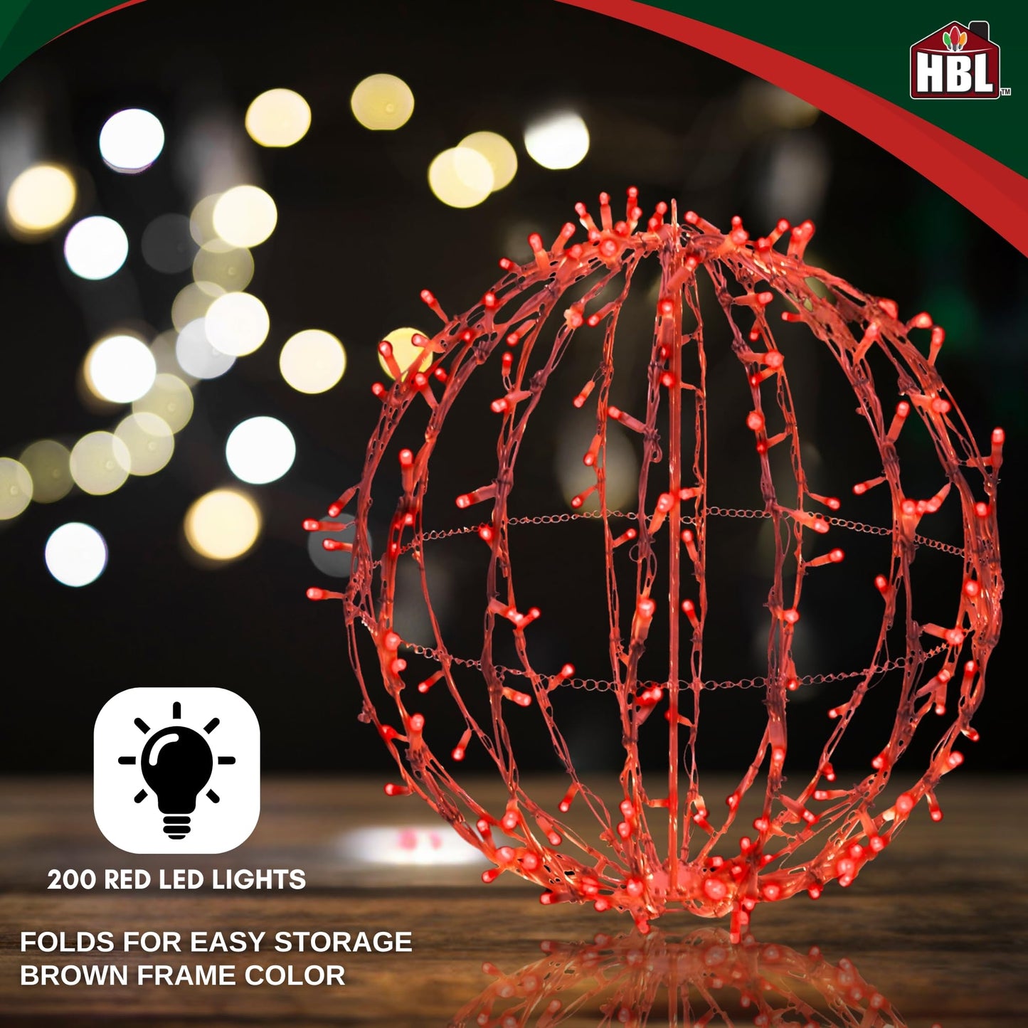 Holiday Bright Lights 20" Brown Sphere Foldable Christmas Lights, Pathway Ball Light and Decoration for Indoor/Outdoor, Hanging Orb Lights for Backyard, Garden Patio and Garage LED - 200L Red