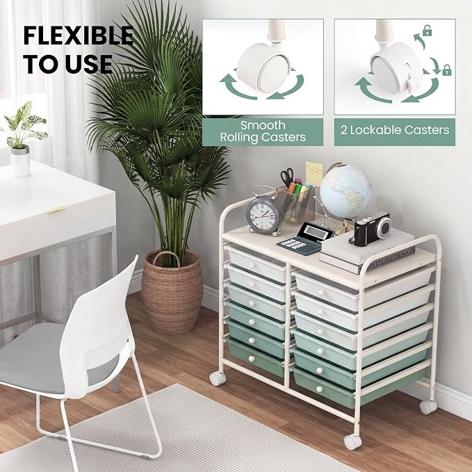 Giantex 12 Drawers Rolling Cart, Mobile Storage Drawer Cart, Classroom Organizer Cart for Office School Supplies Tools Scrapbook Paper Craft Small Printer, Utility Cart on Wheels, Green Gradient
