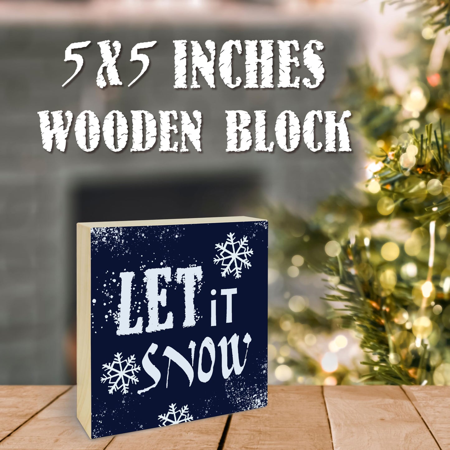5" Pinewood Block Sign Gift - Let It Snow - Holiday Winter Decor Snowflake Small Gift For Friends & Families, Living Room, Counter, Shelf, Snowflake Home & Office Decoration & Gift(Blue)- B05