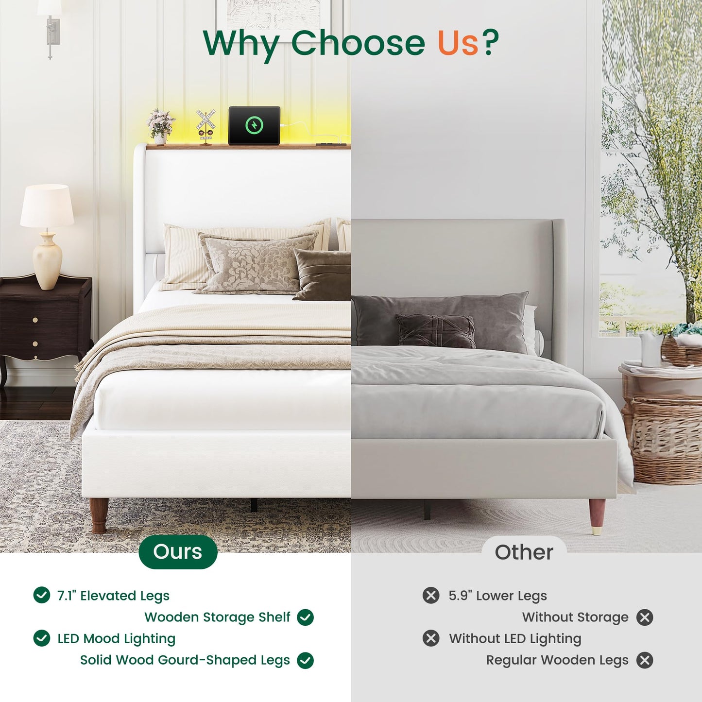 LARMACE Queen Size Bed Frame with LED Lights and Charging Station Linen Upholstered Platform Bed Frame with 51.2" Tall Headboard Wingback and Storage Shelf, No Box Spring Needed, Noise Free, Cream