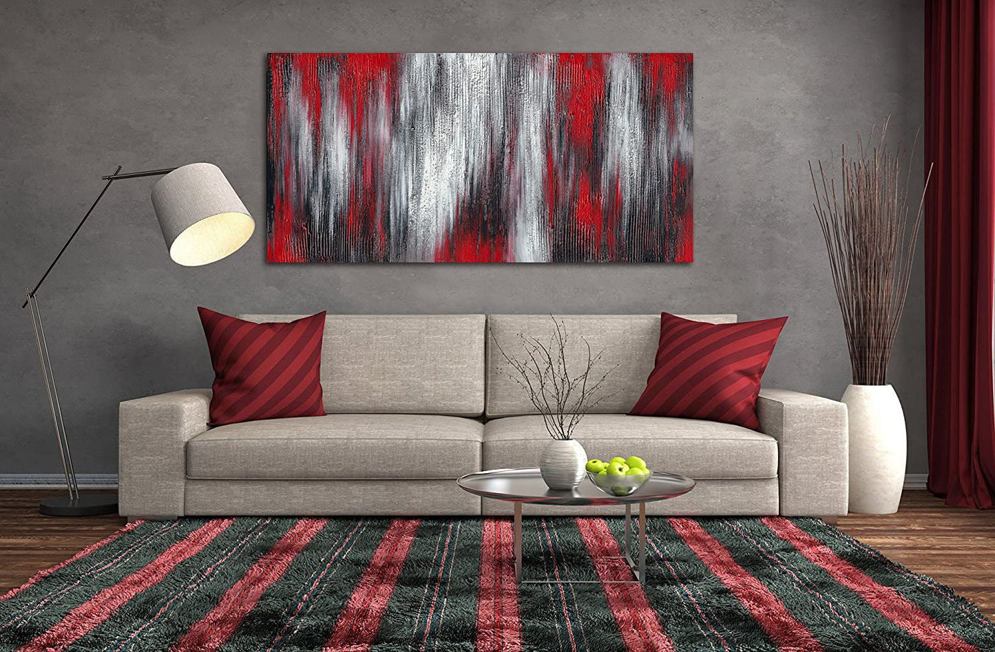 MyArton Textured Red Black White Abstract Canvas Wall Art Hand Painted Modern Decoration Oil Painting Picture Framed Ready to Hang 40x20inch for Living Room Bedroom Office Decor