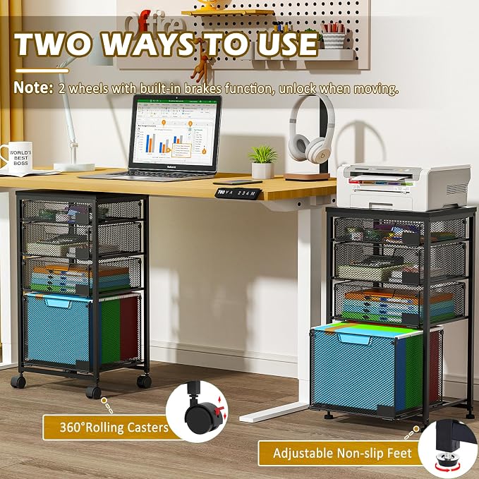 Sbanmao 4 Drawers Rolling Storage Cart, 1 Large Drawer (11.22"D x 12.2"W x 9.84"H) & 3 Small Drawers, Rolling Storage Cart with Lockable Wheels, Craft Storage Cart for Bedroom, Office, Black