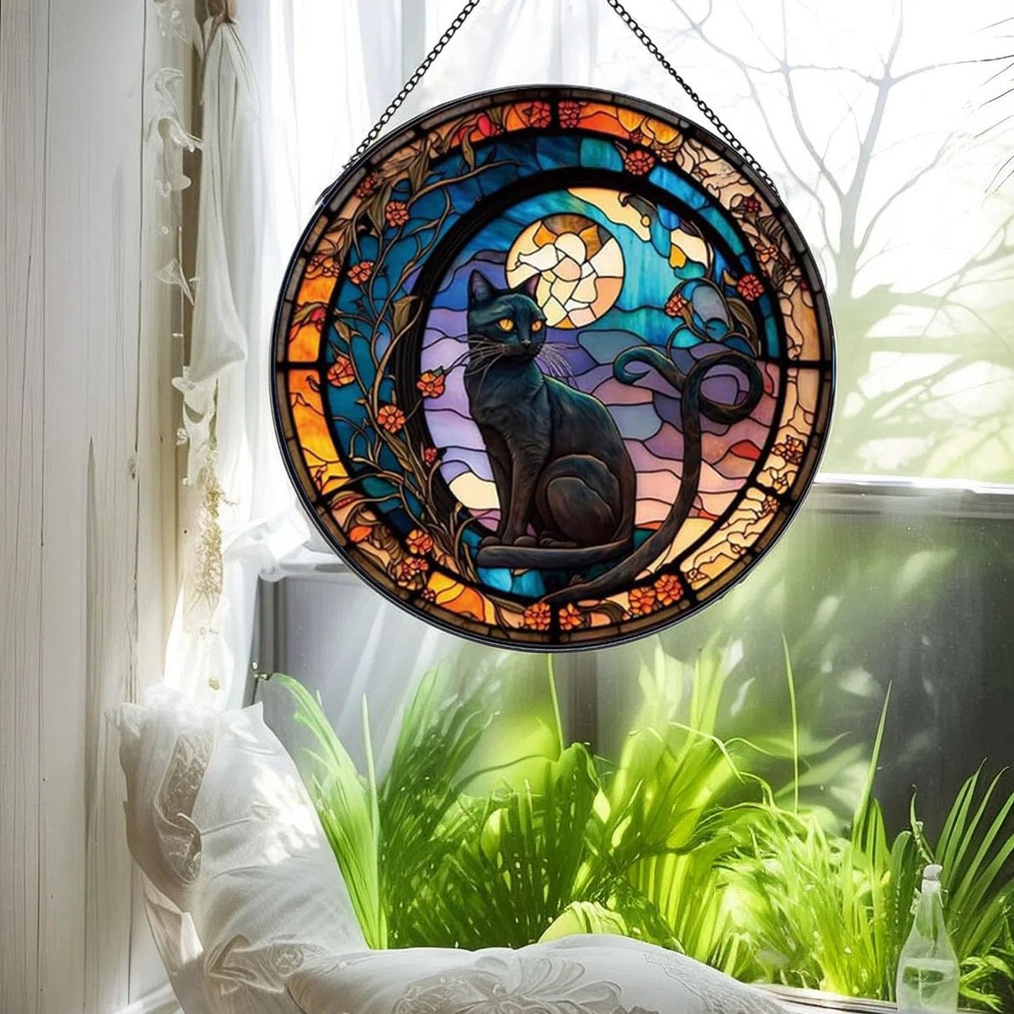JZZNNFEZN Black Cat Stained Glass Window Hanging,7.87’’ Stained Glass Suncatcher for Window for Cat Lovers,Hanging Ornaments Round Women Gifts for Family Friends, Housewarming Gift (A Style)