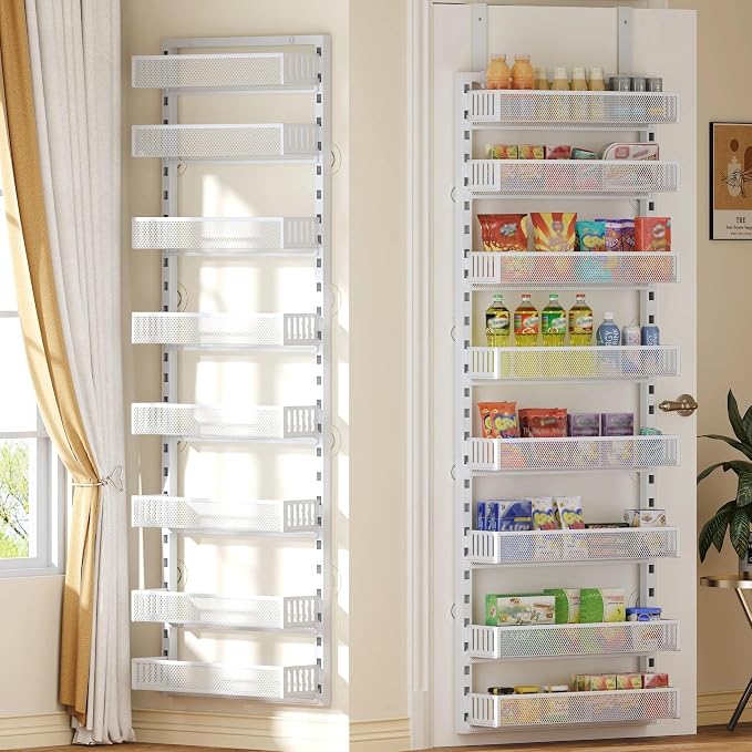 Over the Door Pantry Organizer, 8-Tier Over the Door Spice Rack with Adjustable Baskets, Wall-Mounted or Hanging Shelves for Kitchen, Laundry Room, Bathroom(White, 16.65"W x 5.2"D x 72.6"H)