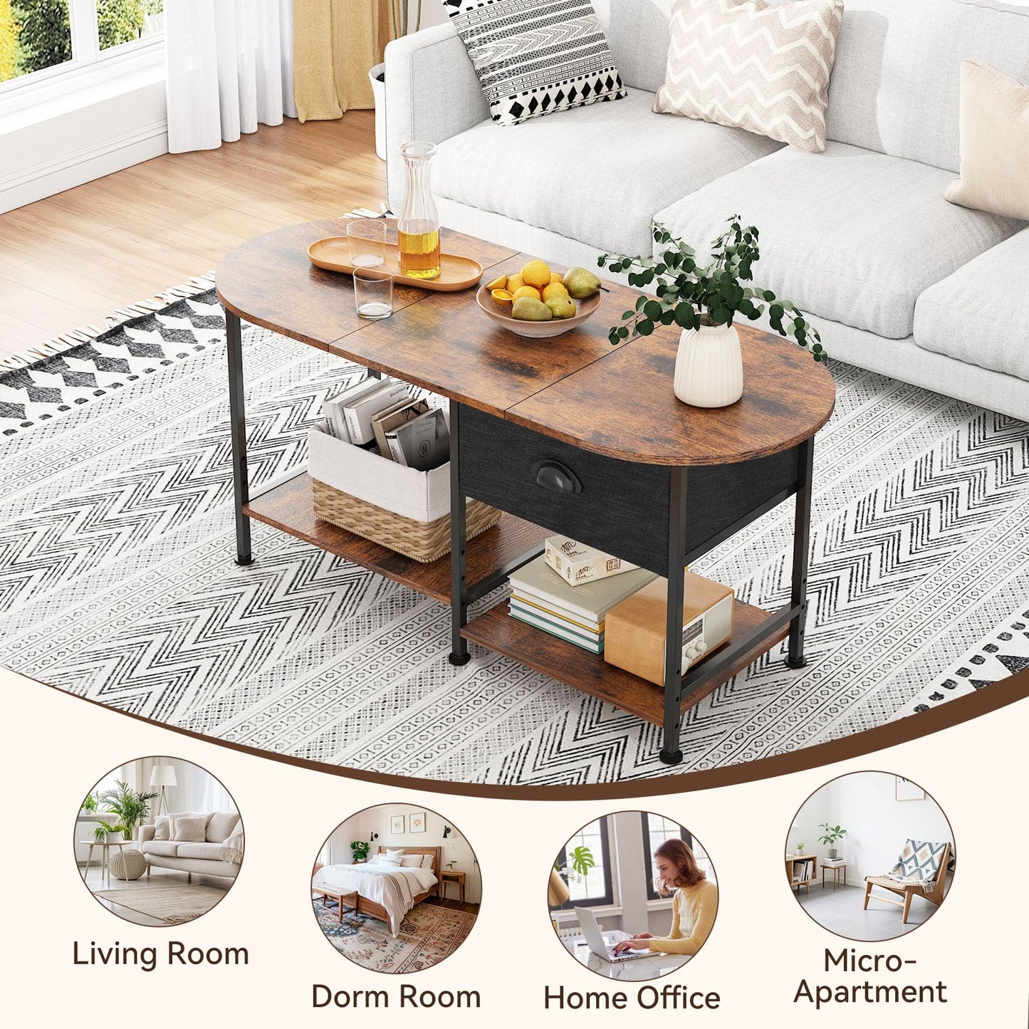 37" Oval Small Coffee Table with Storage,Modern Wood Living Room Center Table for Small Space,Apartment,Home Office,Drawer & Open Shelves,Easy Assembly,Rustic Brown