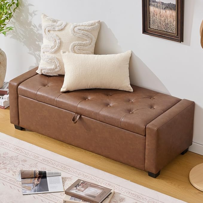 Huatean Home 48" Ottoman with Storage, Storage Ottoman Bench with Safety Hinge, Upholstered Entryway Bench with Seating for Bedroom, Living Room, Holds up to 330 lb, Brown