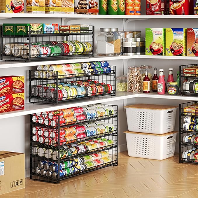 Sbanmao Extra-Long 2-Tier Stackable Can Organizer for Pantry, Sturdy Can Holder for Canned Soup Food Goods Storage up to 64 Cans, Black