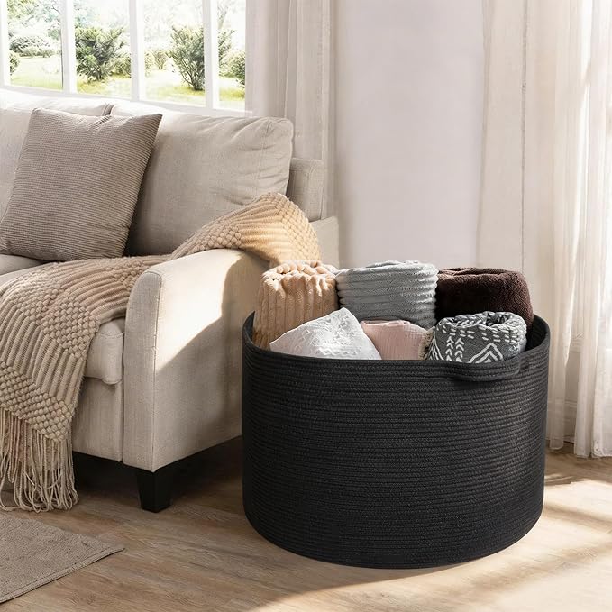 MEGASKET Large Black Blanket Basket, 22" X 22" X 14" Woven Rope Bin for Storage, Kids Dog Toy Storage Box Organizer Bins, Blanket Holder for Living Room, Decorative Wicker Basket for Organizing
