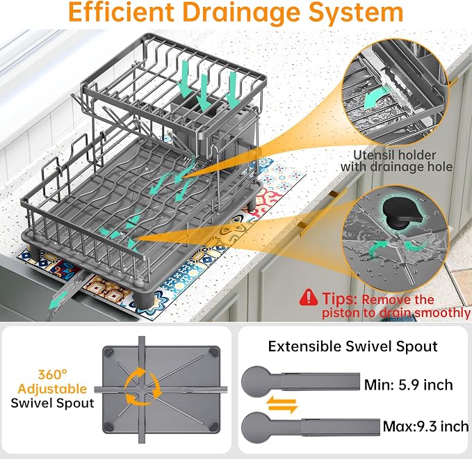 2 Tier Dish Drying Rack, Large Dish Racks for Kitchen Counter with Drying Mat, Detachable Dish Drainer Organizer, Rust-Resistant Space-Saving Dish Rack with Drainboard and Utensil Holder,Gray