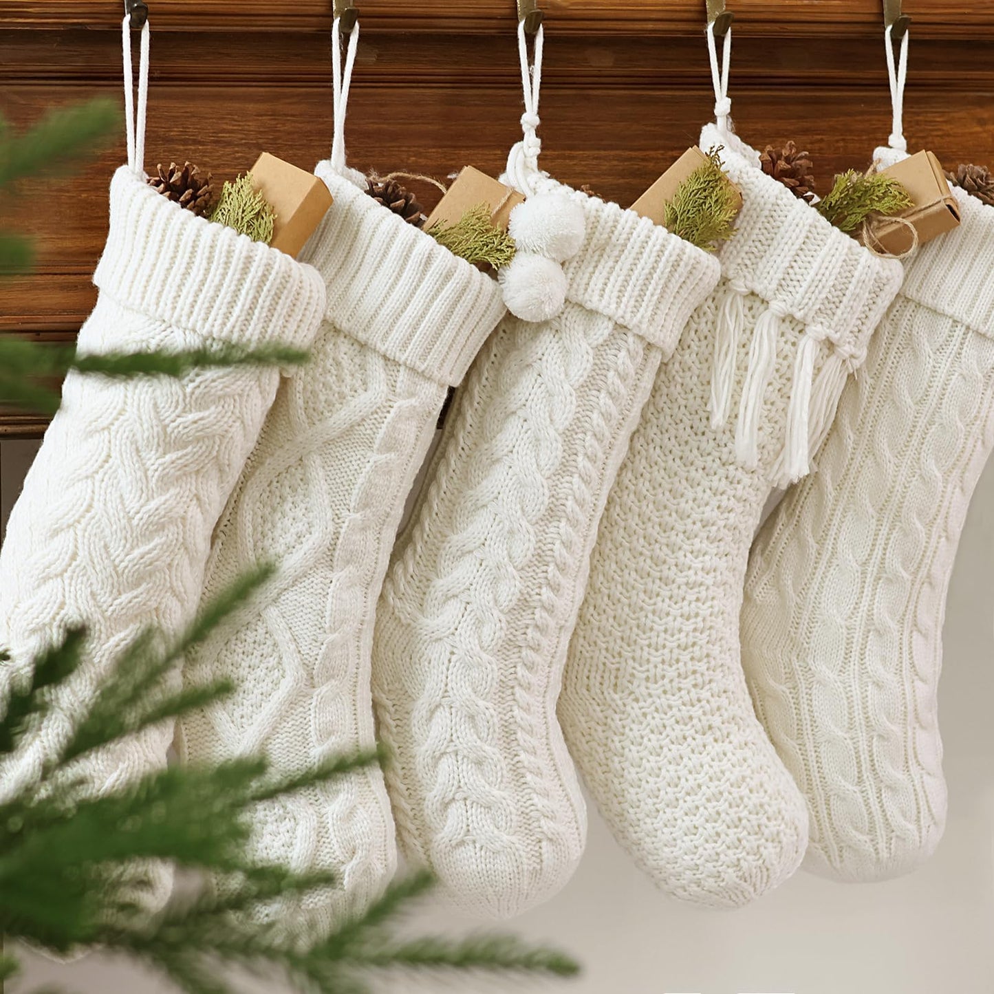 Farmhouse Knitted Personalized Christmas Stockings: 5 Pack 18 Inch Rustic Cable Knit Fireplace Cozy Hanging Xmas Stockings Boho Style Stocking Decorations for Family Holiday Décor, White Beige