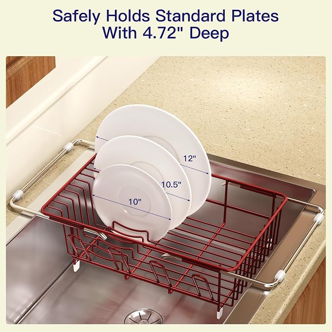 MAJALiS Red Dish Drying Rack Over Sink with Utensil Holder, Drainboard | Expandable Stainless Steel Dish Drainer for Small Kitchen, Apartment, RV, Counter Space Saving, Perfect Fit, Rustproof