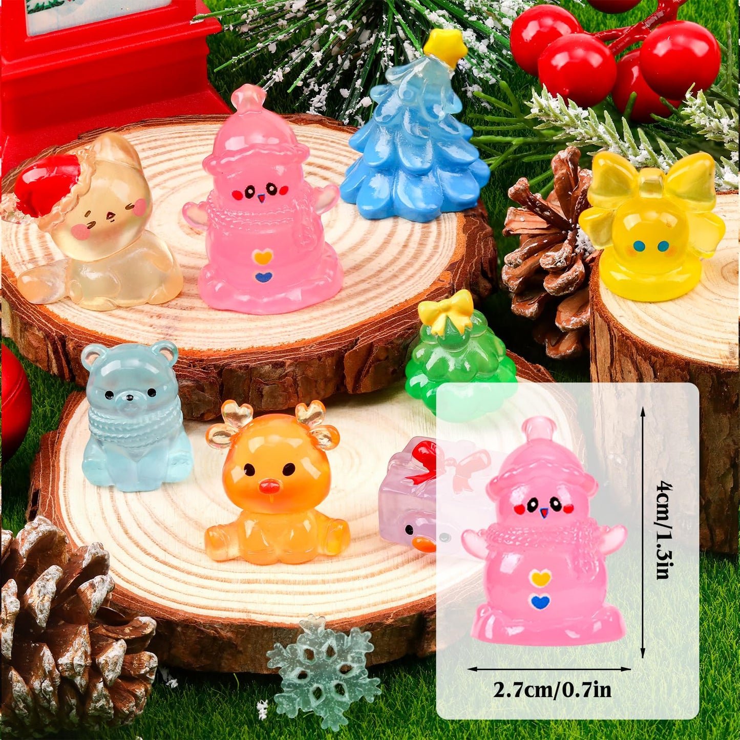 56Pcs Christmas Luminous Mini Figurines 56 Styles Glow in the Dark Tiny Resin Miniatures to Hide Bulk Santa Snowman Bell Snowflake Figurines for Xmas Bag Fillers Party Favors Garden Dollhouse Decor