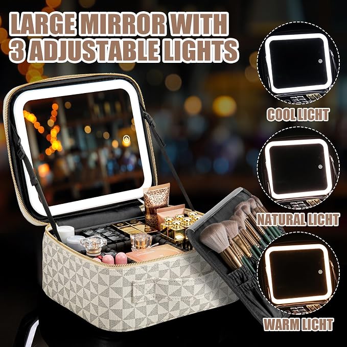 Extrei Gent Makeup Travel Train Case with Mirror LED Light 3 Adjustable Brightness Large Cosmetic Bag Portable Storage Adjustable Partition Waterproof Makeup Brushes Make up Jewelry Gift for Women