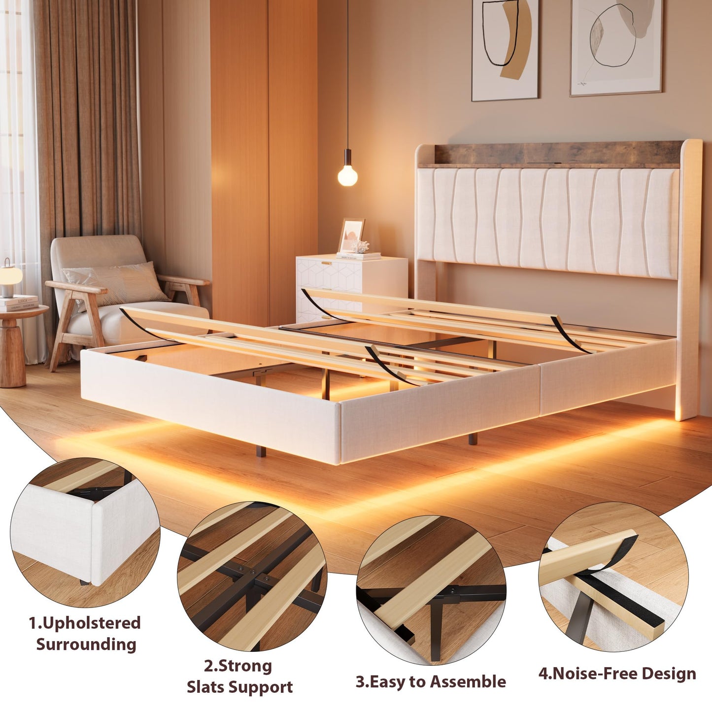 GarveeHome Floating Bed Frame King with LED Lights & USB Charging Station – Modern Upholstered Platform Bed with Headboard, Solid Wood Slats Support, No Box Spring, Easy Assembly, Noise-Free, White