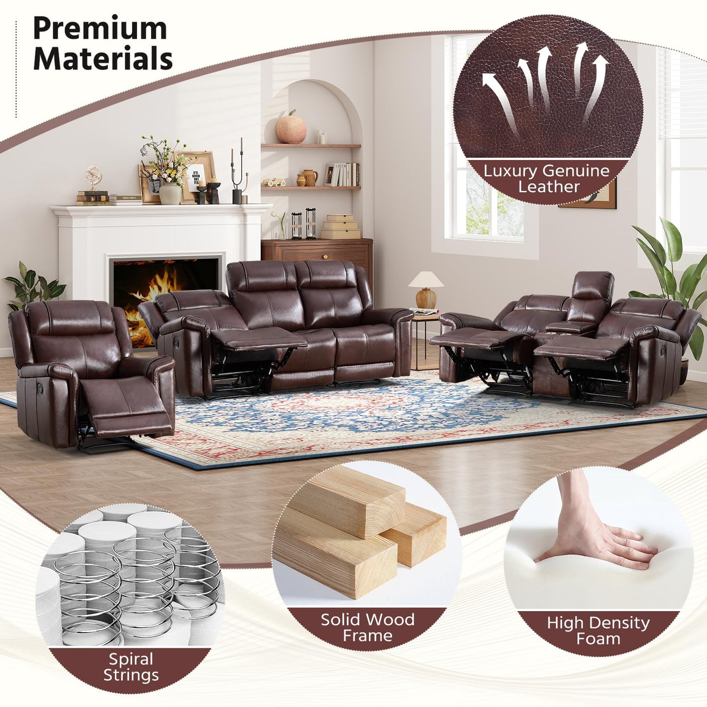 ANJ Premium Genuine Manual Reclining Sofa Set with Overstuffed Backrest, Included Single Recliner Chair and Loveseat 2-Seater Couch with Storage Console, 2-Piece Living Room Furniture Set, Rust Brown