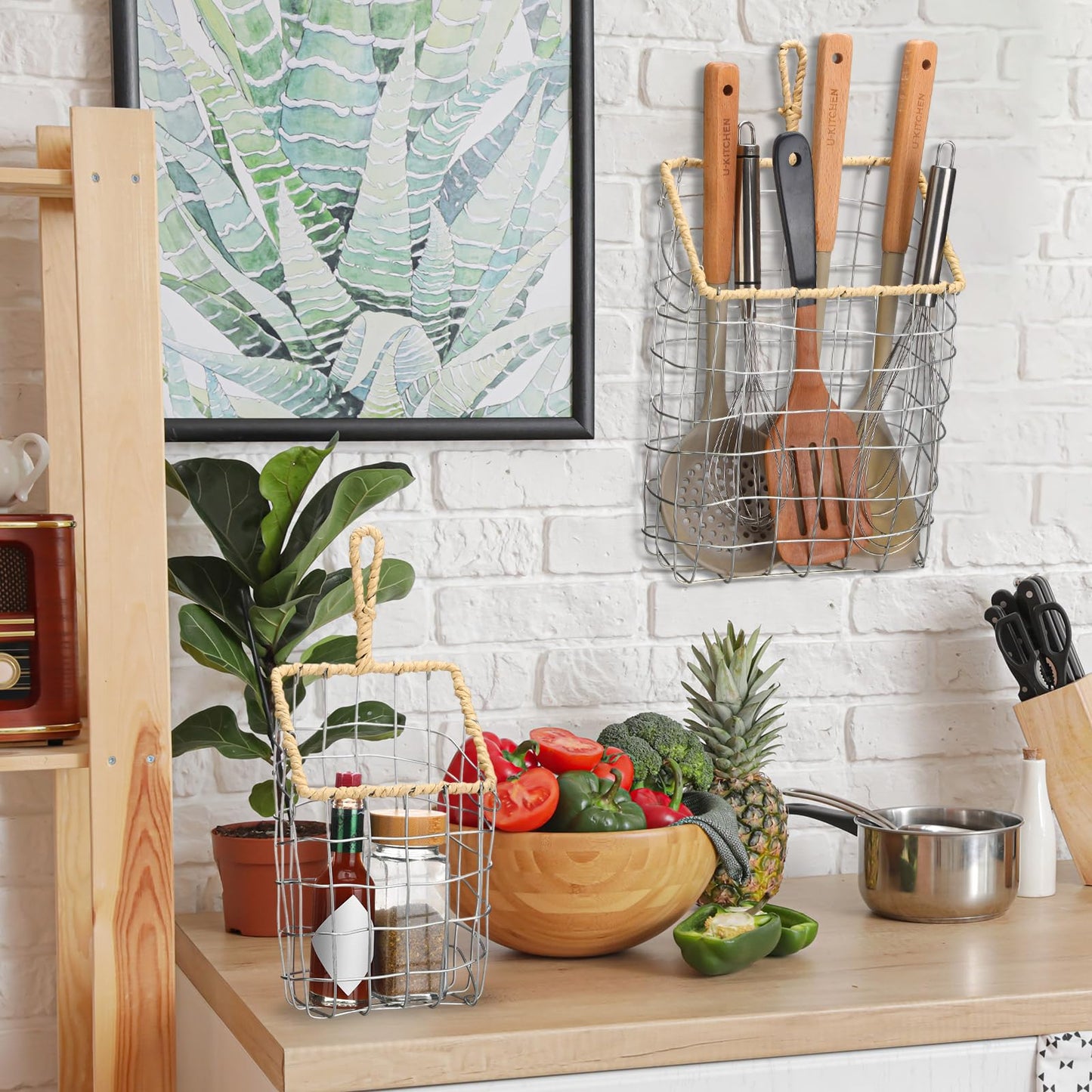 DoubleFill 2 Pcs Hanging Storage Baskets Iron Wire Handwoven Wall Baskets with Wicker Hook Rustic Wall Mounted Organizer for Organizing Mail Files Accessories Kitchen Bathroom Pantry Farmhouse Decor
