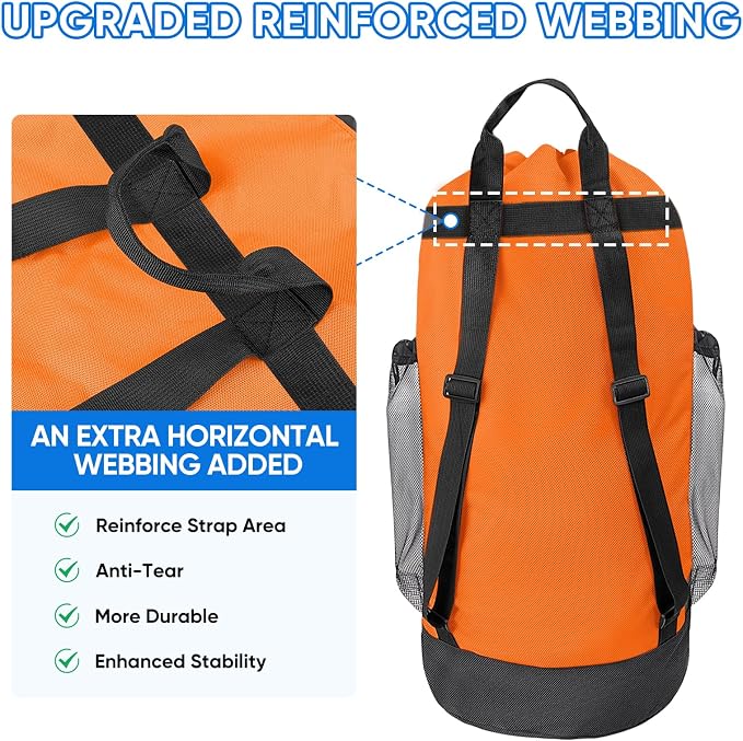 BALEINE 150L Laundry Bag Backpack, 900D Oxford Fabric Large Travel Laundry Bags with Shoulder Straps and 2 Mesh Pockets for College Dorm, Apartment, Laundromat (Orange, 150L)