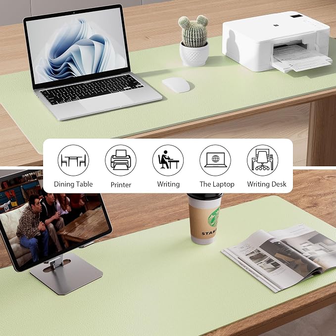 Aothia Faux Leather Desk Mat - Non-Slip PU Leather Desk Blotter, Waterproof Writing Surface, Large Desk Pad for Office & Home (Grass Green, 55" x 17")