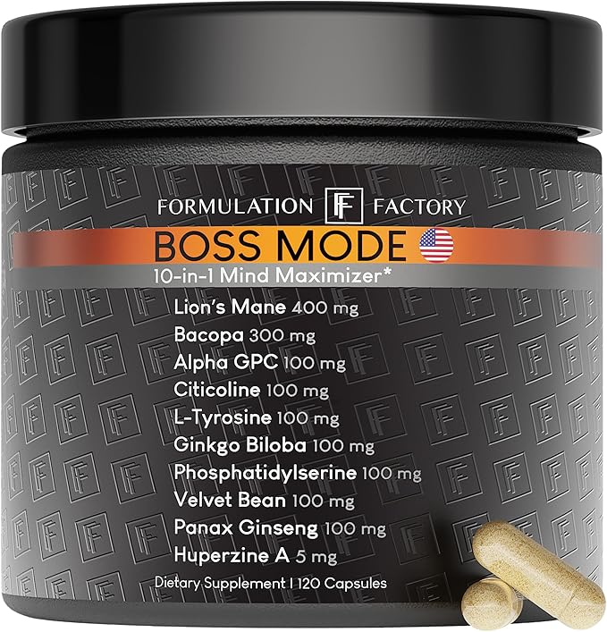 Boss Mode 10-in-1 Nootropic Cognitive Enhancement Supplement, Focus & Memory Booster, Featuring Lion?™s Mane, Bacopa Monnieri, Alpha-GPC, Ginseng & More 120 Capsules (1 Pack)