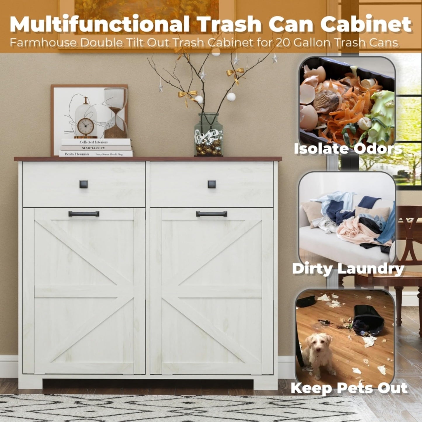 WEALTHGIRL Farmhouse Double Tilt-Out Trash Cabinet for 20-Gallon Trash Cans,Recycling Cabinet with Hidden Drawer, Barn Door Style Laundry Sorter Cabinet,for Kitchen, Bathroom, and Living Room