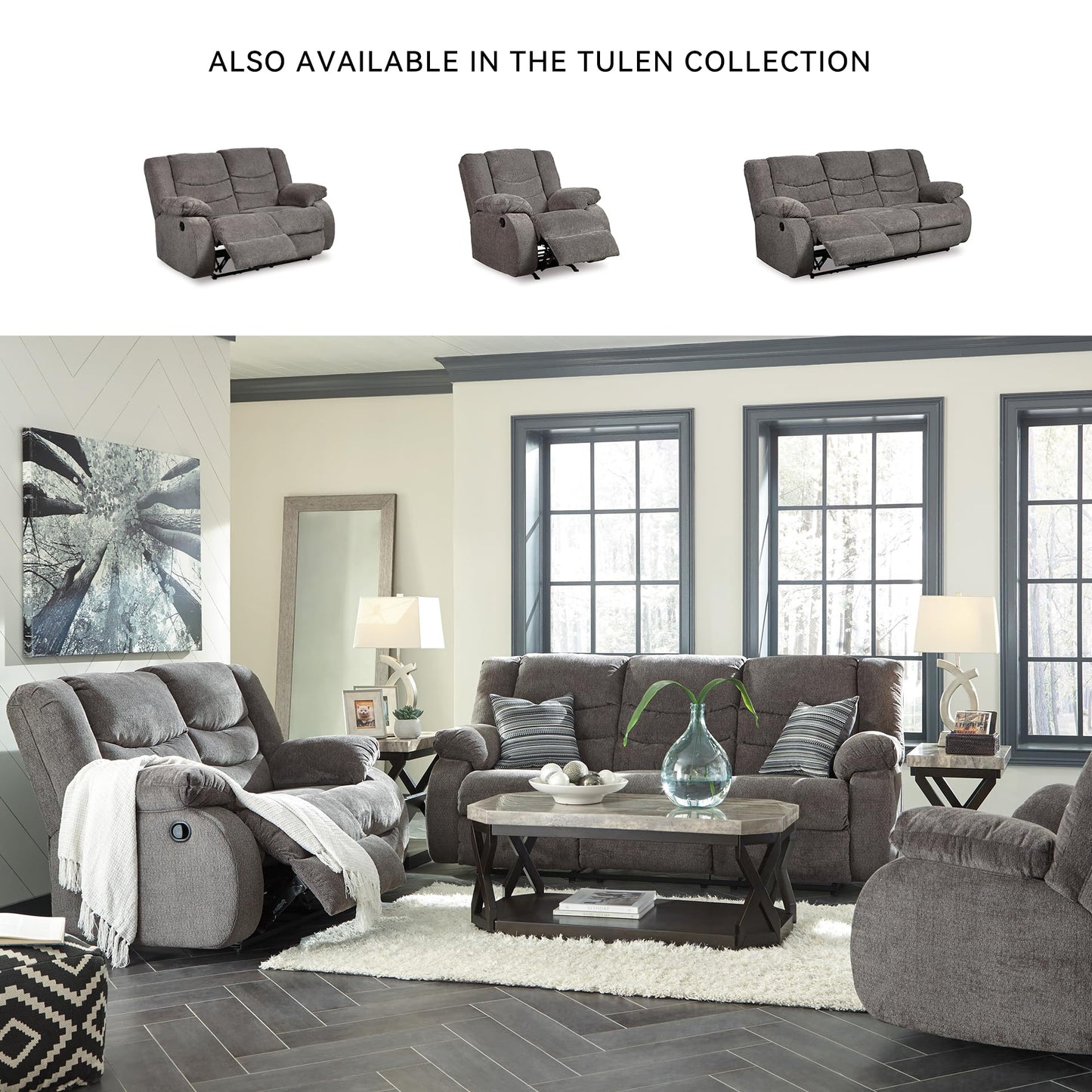 Signature Design by Ashley Tulen Reclining Loveseat, Dual-sided Recliner, Pull Tab Reclining Motion, Fabric Upholstery, 63" W x 40" D x 40" H, Dark Gray