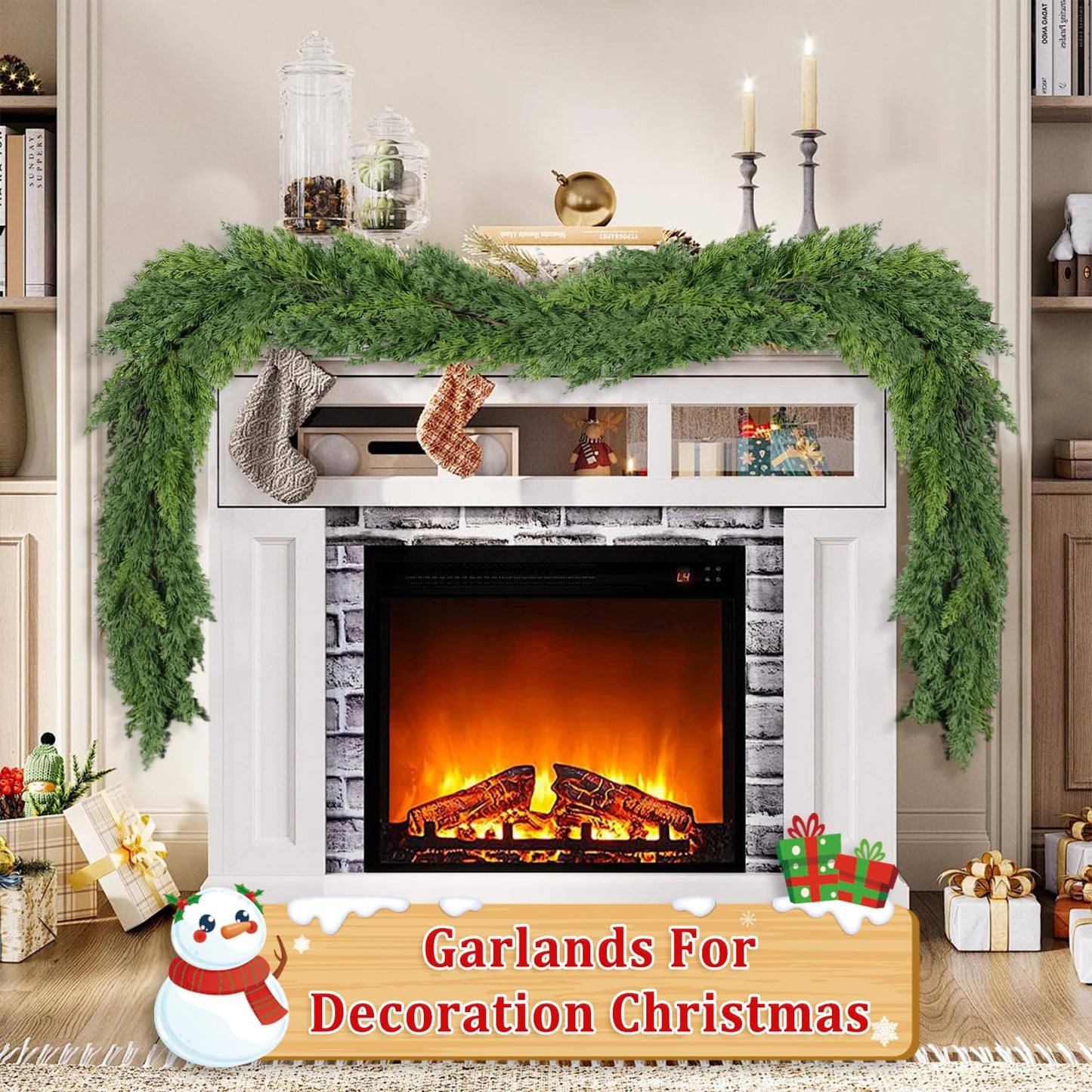 9Ft Christmas Garland for Staircase Railing Soft Bendable Real Touch Artificial Cedar Pine Green Xmas Mantle Garland for Fireplace Porch Table Home Room Yard Christmas Indoor Outdoor Decor(Cedar Pine)
