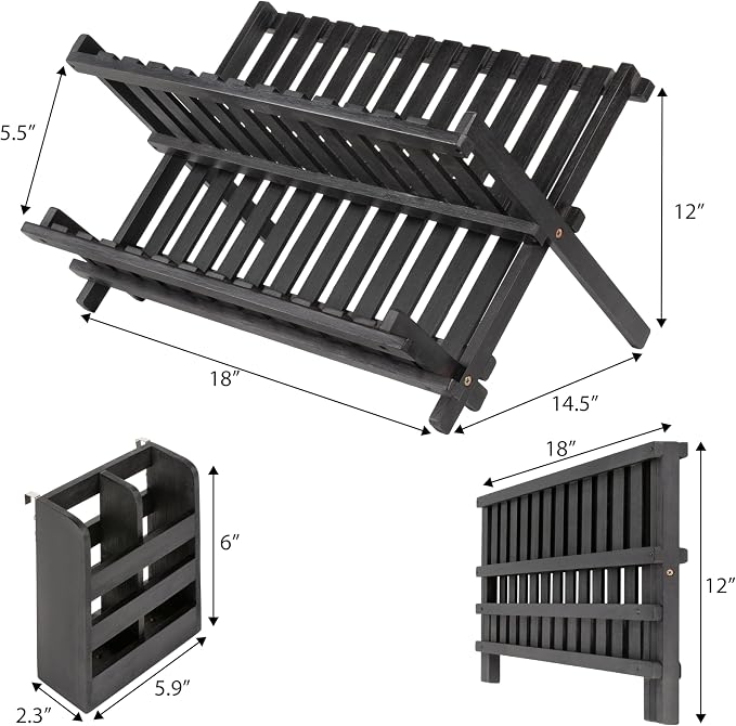 happimess DSH2000C Arlen Farmhouse Bamboo Foldable 2-Tier Dish Drying Rack with Detachable Utensil Holder, Black