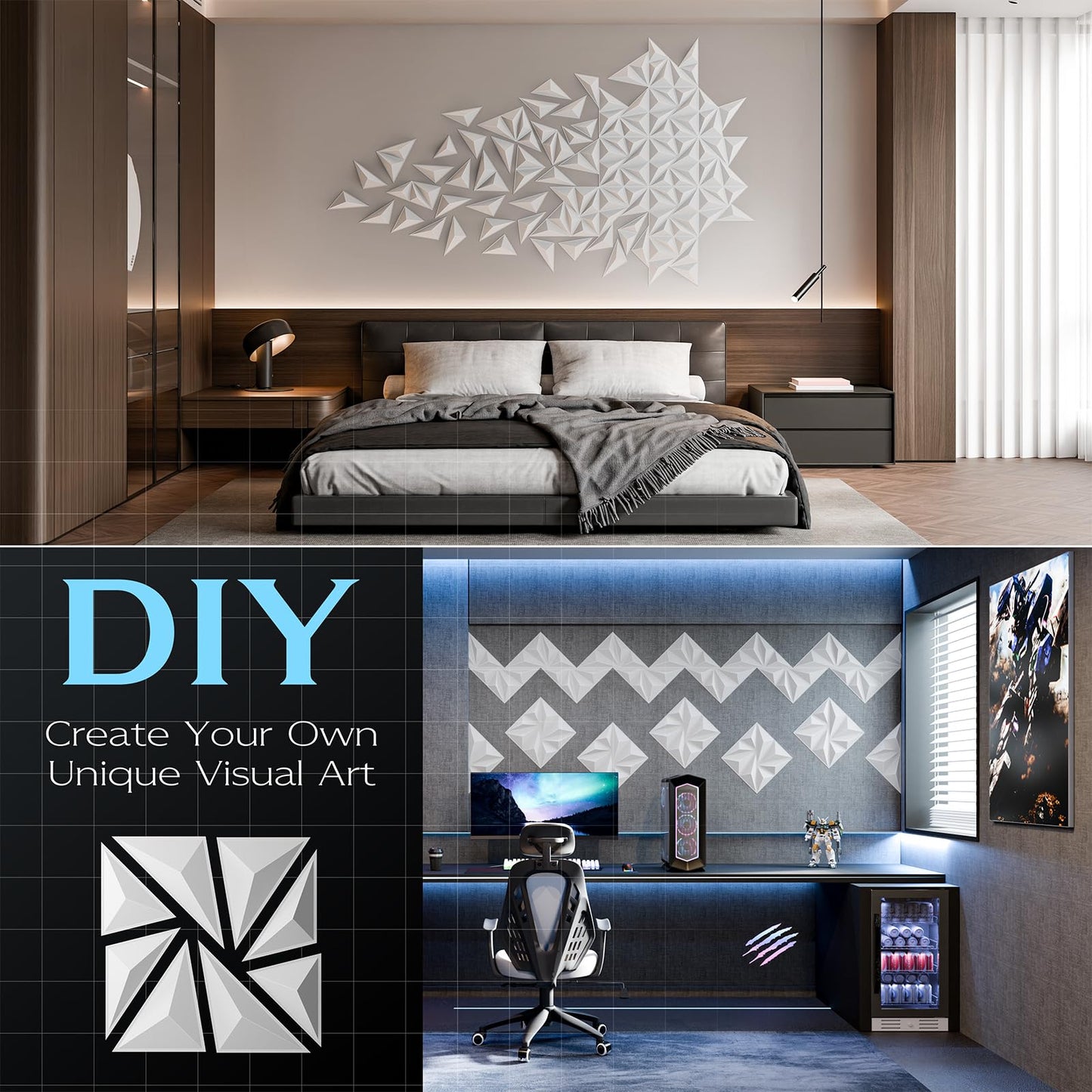 10-Pack 3D Wall Panels, 59" x 23" Textured Geometric Design Wall Tiles, PVC Decorative Wall Panels for Living Room, Bedroom, Bathroom, Office, Modern Wall Decor, Easy Install & Paintable - White
