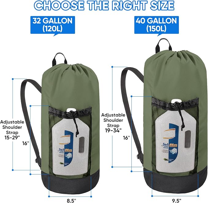 BALEINE 2PK 120L Laundry Bag Backpack, 900D Oxford Fabric Large Travel Laundry Bags with Shoulder Straps and 2 Mesh Pockets for College Dorm, Apartment, Laundromat (Green, 120L)