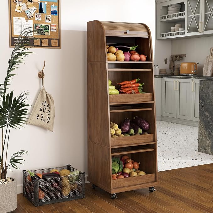 4 Tier Large Potato Storage Bin, Tall Wood Potato and Onion Storage Bin with Wheel, Movable Fruit and Vegetable Basket, Food Small Kitchen Pantry Cabinet, Wooden Bread Box, Walnut, Sliding Door