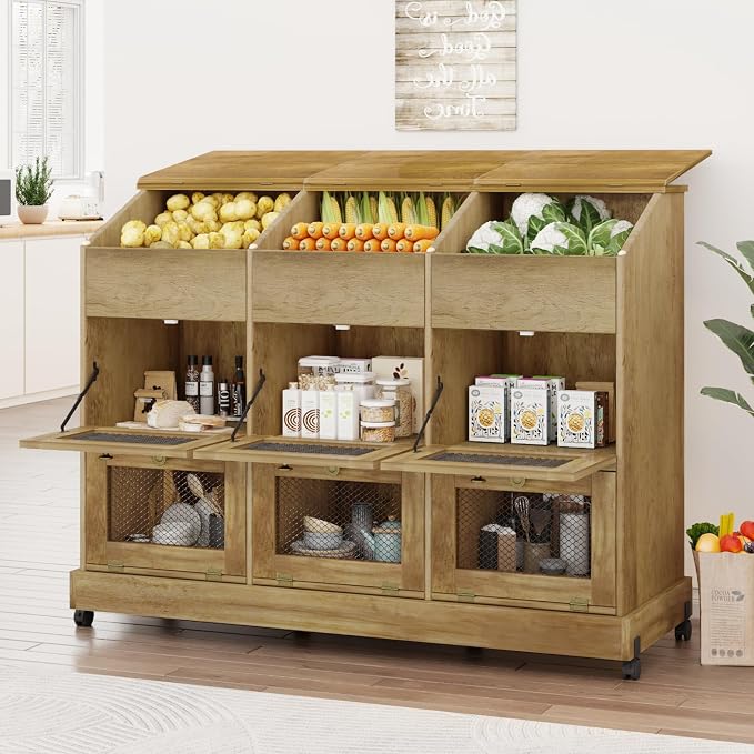Large Potato Storage Bin, Wooden Bread Bins with Wheel, Onion Storage Bin, Storage Box for Kitchen Pantry, Brown